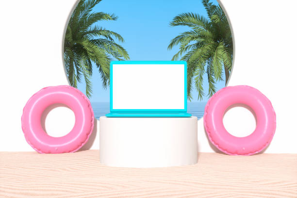 istock Blank screen laptop on beach background, summer holiday concept 1460794211
