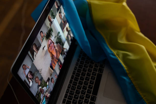 istock laptop, flag of ukraine, chat 1460794590