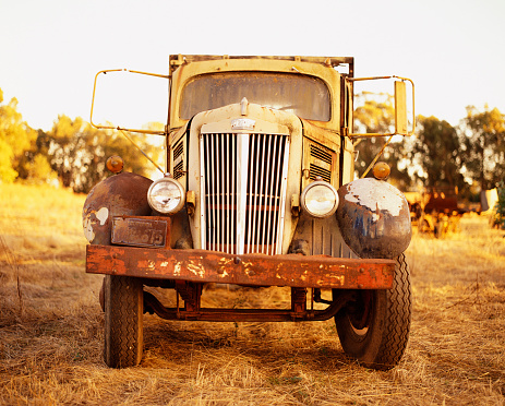 An old vintage truck in a rural setting