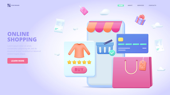 E-commerce, shopping via smartphone, easy order, online shopping design concept for landing page. 3d vector illustration with tiny characters for  website, banner, hero image.