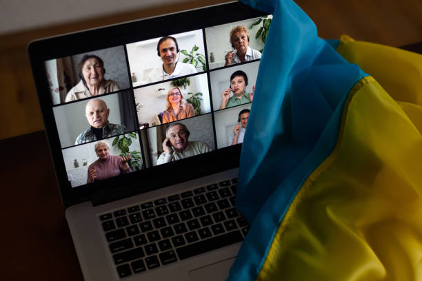 istock laptop, flag of ukraine, chat 1460796706