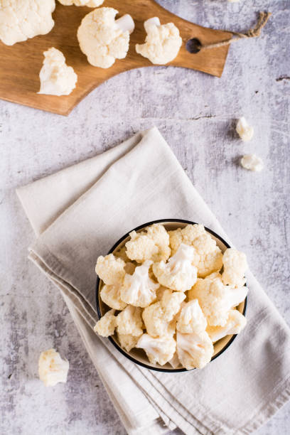 istock Fresh raw cauliflower in a bowl on the table. Natural antioxidant. Top and vertical view 1460796895