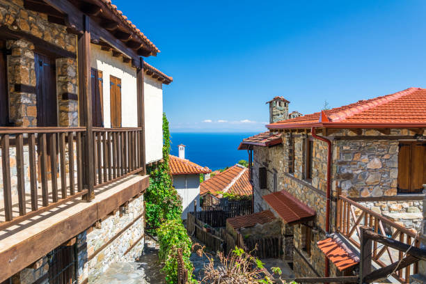 Scenic view from Palaios Panteleimonas at the Thermaikos Gulf and Aegean sea. Palaios Panteleimonas, Greece - 18 September 2022: Palaios Panteleimonas mountain village is part of the municipality of Dio-Olympos, in the Pieria regional unit, Central Macedonia, Greece.
The view of the Thermaikos Gulf from the area, is unique. paralia stock pictures, royalty-free photos & images