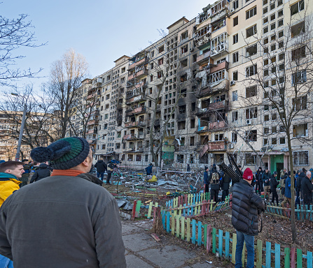 Kiev, Ukraine - March 14, 2022: Destruction of an apartment building in Kyiv, Ukraine. The result of the war between Russia and Ukraine