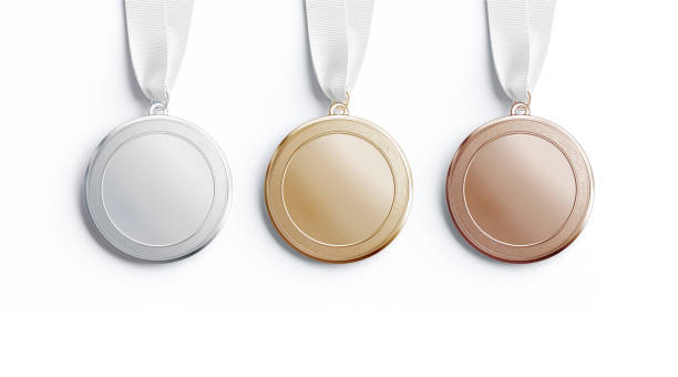 istock Blank gold, silver, bronze medal mockup, top view 1460797226