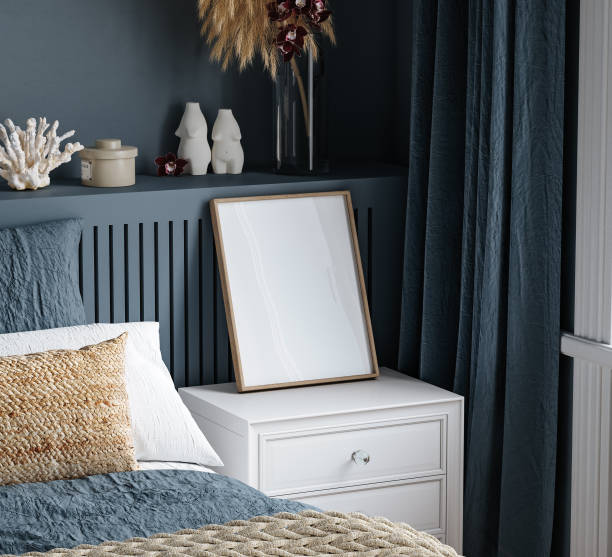 istock Frame mockup in cozy dark classic blue bedroom interior background 1460797292