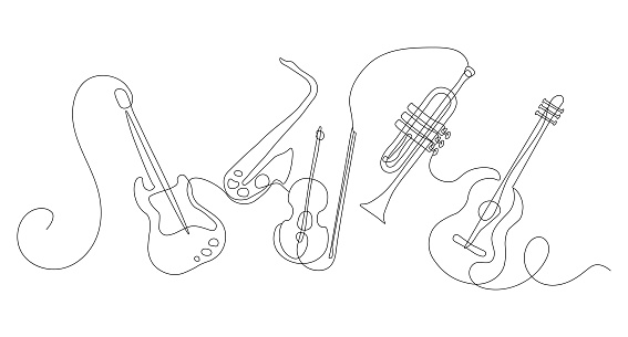 Musical instruments line art. Collection of minimalist drawings of guitar, trumpet and violin, saxophone. Sketch, creativity and art. Cartoon flat vector illustrations isolated on white background