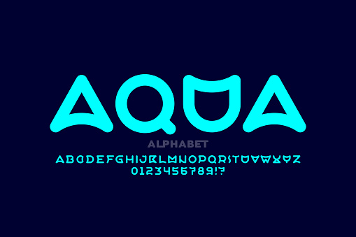 Aqua style font, alphabet letters and numbers vector illustration