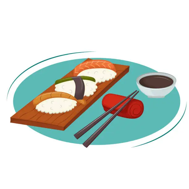 Vector illustration of Delicious sushi on wooden plate with chopsticks and soy sauce. Concept of Asian traditional cuisine. Vector illustration. Cartoon.