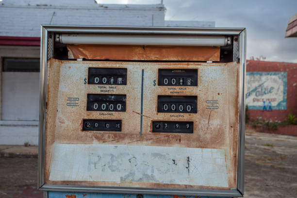 Vintage gas pump in small rural town of Georgia on overcast day