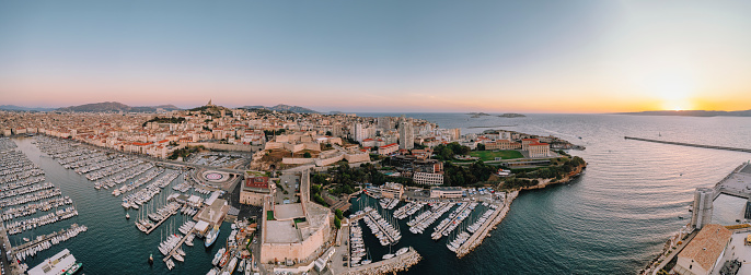 Aerial view of Viuex Old Port of Marseille during sunset in France