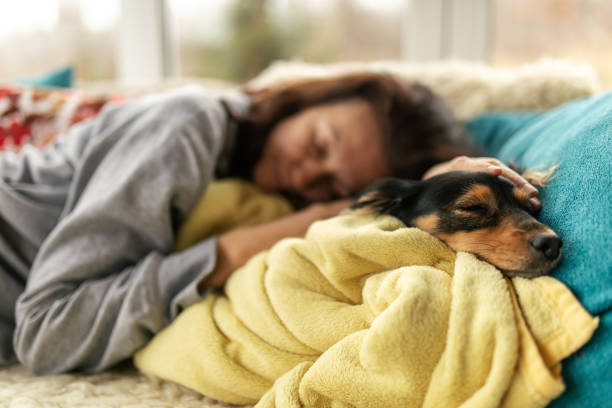 istock Woman lying on sofa with her dog and sleeping 1460801911