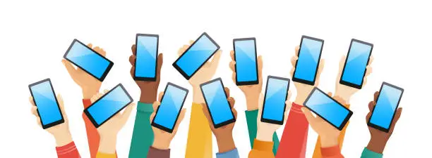 Vector illustration of Group of multiethnic diverse hands with phones