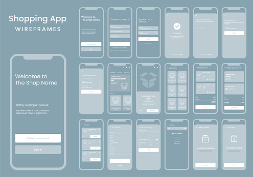 Wireframes for mobile UI and UX design vector template for shopping, business, retail and technology applications. Web and mobile dashboard