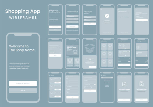 Shopping Mobile app Wireframes for mobile UI and UX design vector template for business Wireframes for mobile UI and UX design vector template for shopping, business, retail and technology applications. Web and mobile dashboard website wireframe stock illustrations