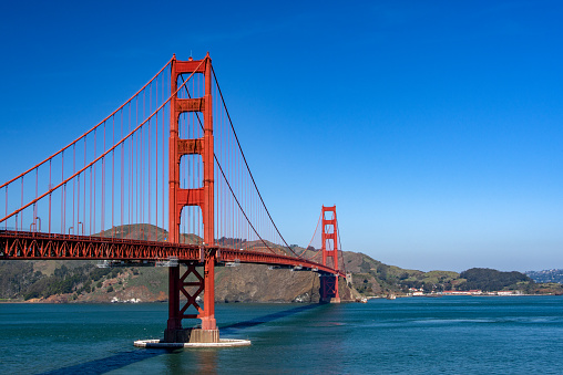 The Golden Gate Bridge under a clear blue sky.