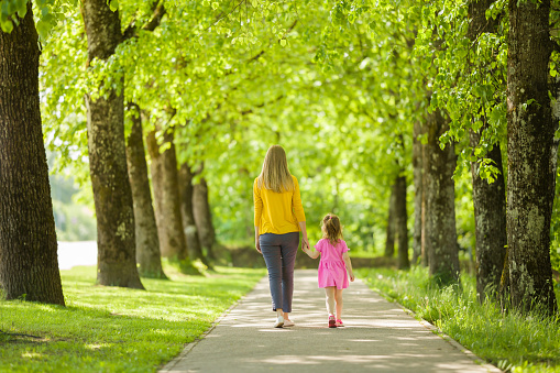 Little daughter and young adult mother walking on sidewalk at park of tree alley. Spending time together in beautiful warm sunny summer day. Back view.