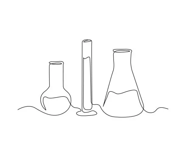 Vector illustration of Continuous one line drawing of lab chemical glass. Simple illustration of lab test tube line art vector illustration.