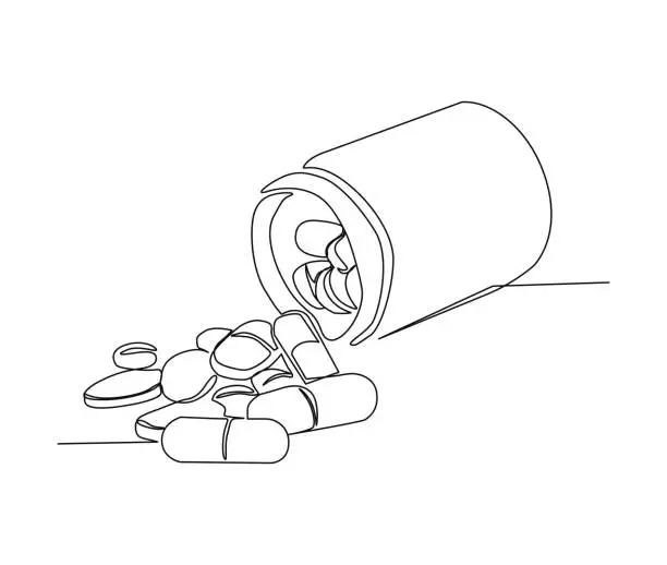 Vector illustration of Continuous one line drawing of medicine pills or capsule bottle. Simple illustration of medical drug pharmacy care line art vector illustration.