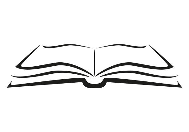 buch - schwarz-weiß-vektorsymbol illustration eines offenen buches, weißer hintergrund - offen allgemeine beschaffenheit stock-grafiken, -clipart, -cartoons und -symbole