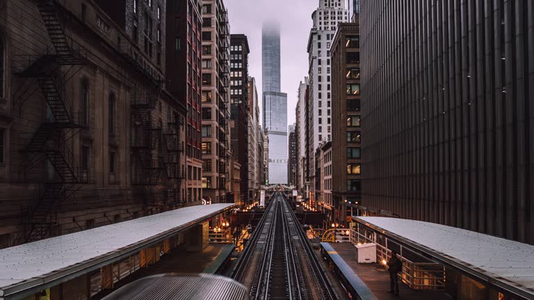 T/L High Angle View of Chicago Loop Metro Train Station