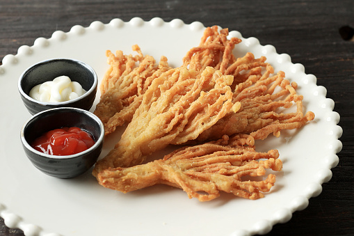 Deep Fried Enoki Mushroom or Golden Needle Mushroom with Spicy Dipping Sauce and Mayonaise, Vegan Food Style Concept