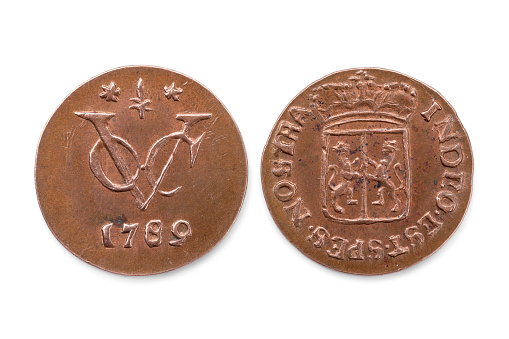 Back and front of a an old VOC coin from 1789 isolated on white background