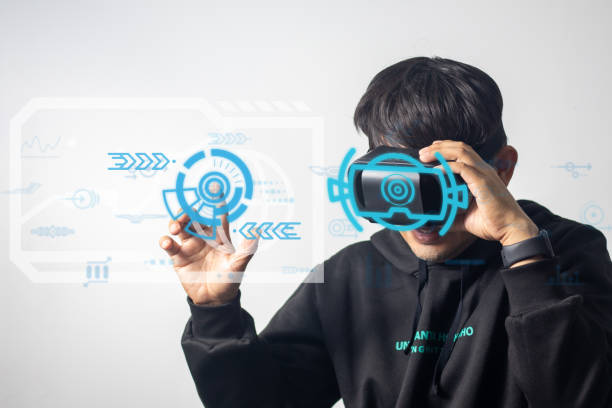 istock Asian man wearing vr glasses touching screen with his finger future technology 1460814255