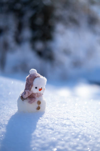 A small snowman lit by the sun on the snow.