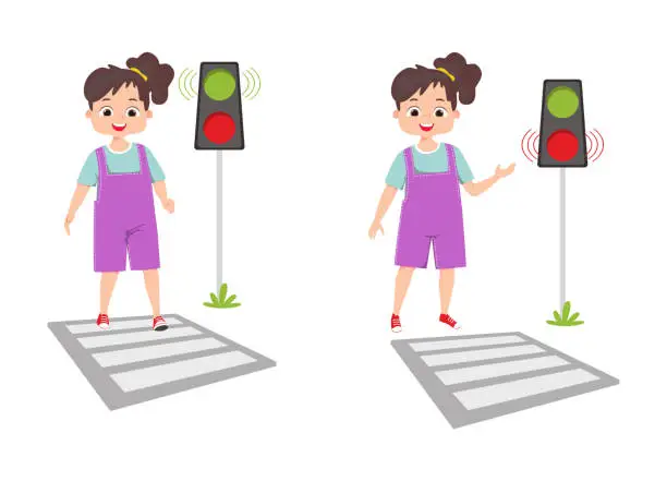 Vector illustration of Traffic road education. Little Kid learning safety crossroad walking traffic lights and signs.