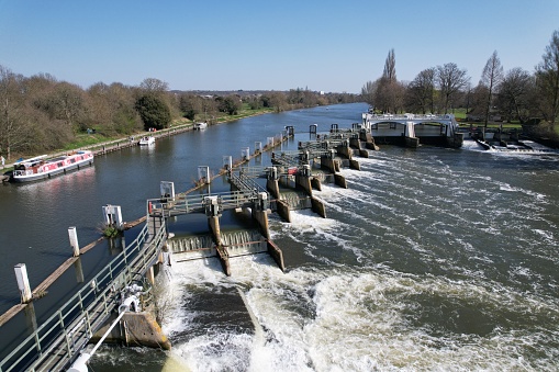 Teddington wier river Thames UK drone aerial view
