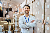 Warehouse, stock management and logistics man portrait of a retail shipping analyst working. Factory distribution maintenance, industry worker and success of a businessman happy about company growth