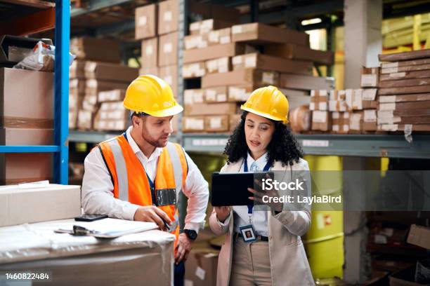 Warehouse Tablet And People Teamwork For Storage Inventory And Supply Chain Management For B2b Distribution Factory Industry Partner Or Worker On Digital Technology Software And Logistics Boxes Stock Photo - Download Image Now