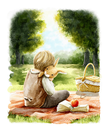 Watercolor fantasy cute little boy in vintage clothes hugging a velvet plush rabbit toy on picnic plaid in park isolated on white background. Hand drawn illustration sketch