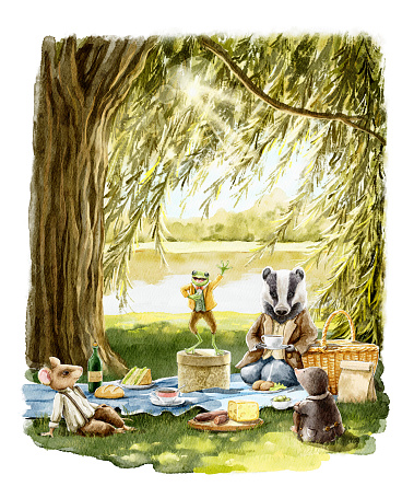 Watercolor fantasy cute animals badger, rat, toad and mole in vintage clothes on picnic with food on river bank from book the wind in the willow isolated on white background. Hand drawn illustration sketch