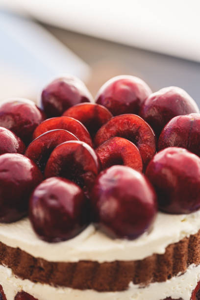 Cherry Cake On Wooden Board