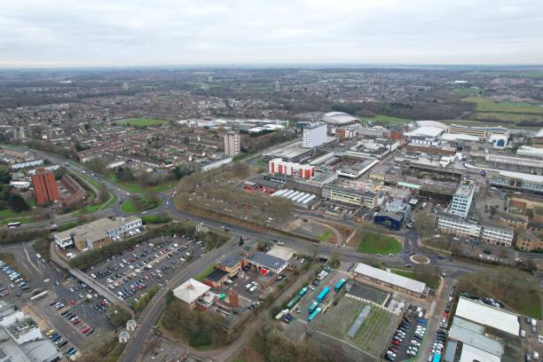 Harlow Essex town centre shopping centre  UK Aerial drone view Harlow Essex town centre shopping centre  UK Aerial drone view harlow essex stock pictures, royalty-free photos & images