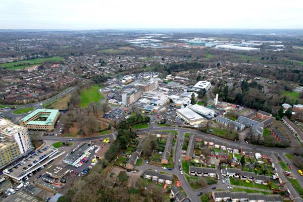 Princess Alexandra Hospital Harlow Essex UK Aerial drone view Princess Alexandra Hospital Harlow Essex UK Aerial drone view harlow essex stock pictures, royalty-free photos & images