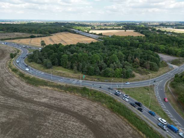 Hastingwood interchange junction on M11 Harlow Essex UK drone aerial view Hastingwood interchange junction on M11 Harlow Essex UK drone aerial view harlow essex stock pictures, royalty-free photos & images