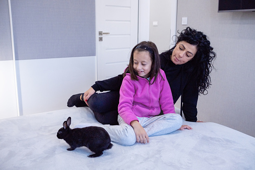 Black-haired mother dressed in black and brown-haired daughter dressed in pink on a bed at home playing with a black little bunny.