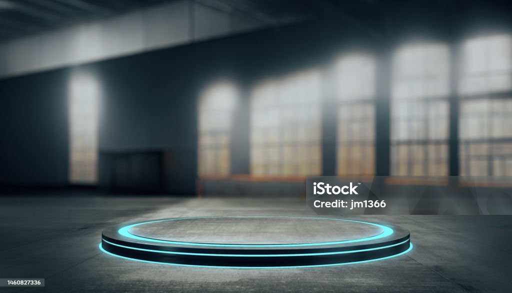 Metal pedestals for product show in the warehouse. Metal pedestals for product show in the warehouse. 3d rendering. Abstract Stock Photo