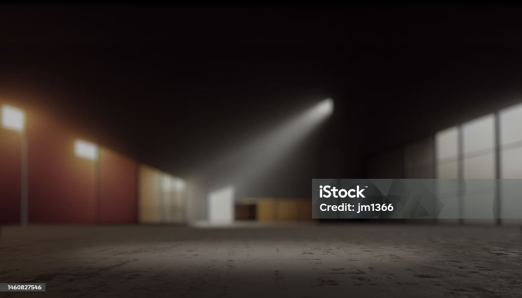 Space for product showcase background Warehouse blurred. Space for product showcase background Warehouse blurred. 3D rendering Advertisement Stock Photo