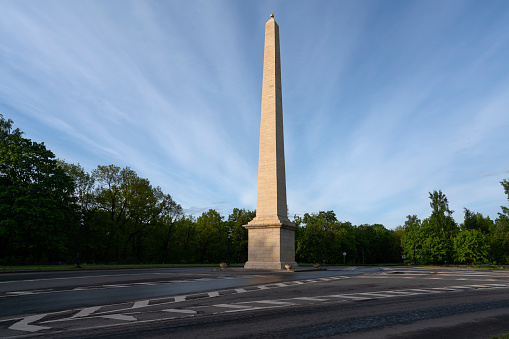 Obelisk Connetable on the square of the same name in the city center on a sunny summer day, Gatchina, Leningrad region, Russia