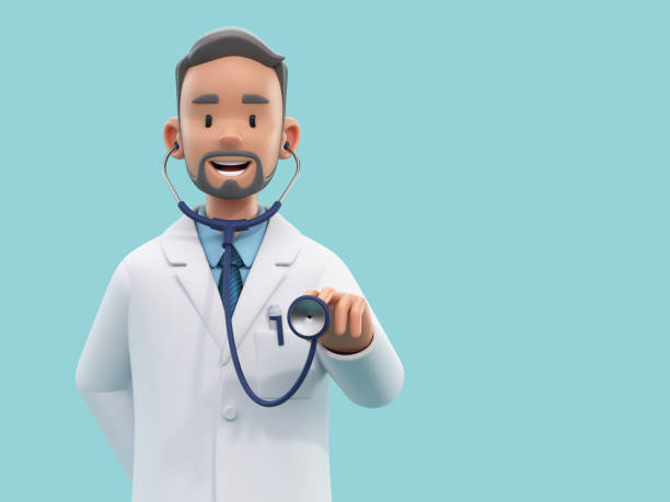 Cartoon doctor character doing check up. Male medic specialist with stethoscope in doctor uniform. Medical concept. 3d rendering stock photo