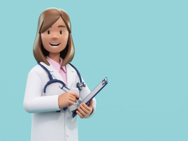 Cartoon doctor character holding pen and clipboard. Female medic specialist with stethoscope in doctor uniform. Professional consultation. Medical concept. 3d rendering stock photo