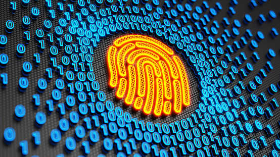 Fingerprint and digital binary data background. Identification system. Safe your data. Cyber internet security and biometric concept. Security and protection your privacy data 3d illustration