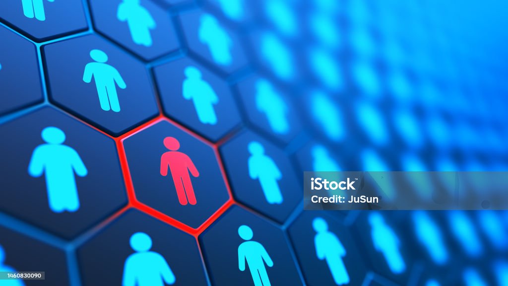 3d illustration of a lot people with unique red person. Stand out from the crowd. Leader of business group and teamwork. Internet security and privacy concept. Safety Stock Photo