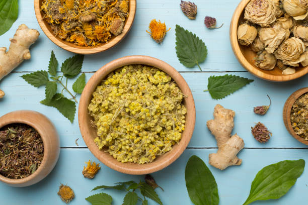 istock Different herbs in bowls on wooden background, top view 1460832002