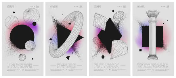 Vector illustration of Geometric shapes dissolve into dust on a gradient background, Wireframes strange geometrical figures, modern design inspired by brutalism, abstract vector set posters, cover