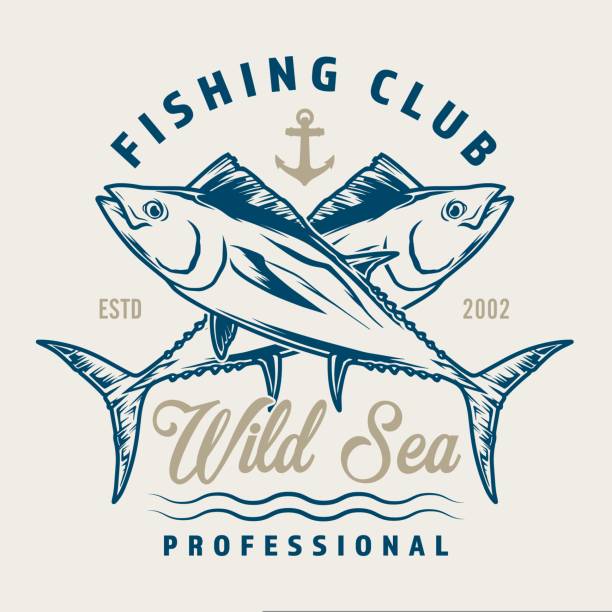 Fishing club sticker vintage colorful with two crossed fish to advertise community of professional fishermen vector illustration